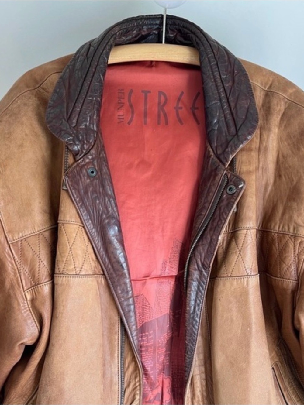 Vintage 90s Leather Bomber Jacket | Quilted Funnel Neck | Oversized Brown | L - Picture 11 of 16